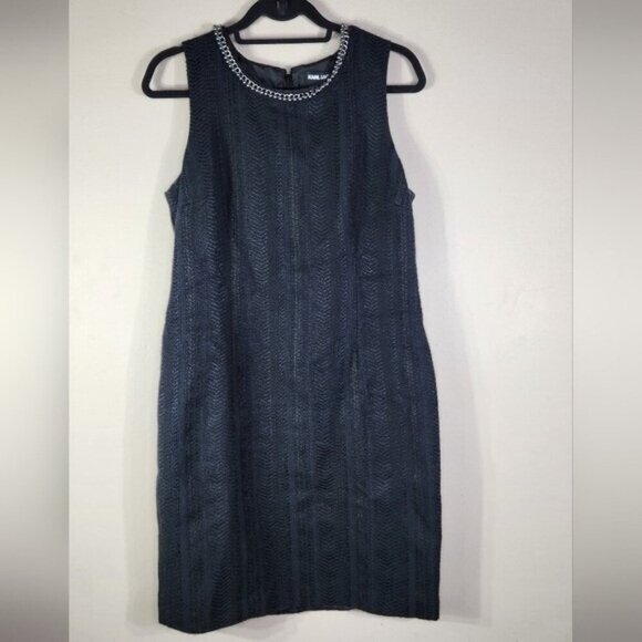 Karl Lagerfeld Black Sheath Dress- Classic Chain/Pearl Neck Size 10 - Picture 2 of 7